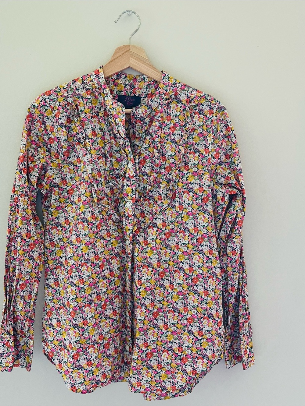 J. Crew band collar Ruffle front shirt Liberty Libby Floral womens M cottagecore - Picture 2 of 13